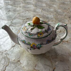 Antique Crown Staffordshire Hand-Painted Floral Ceramic Teapot with Lemon Finial